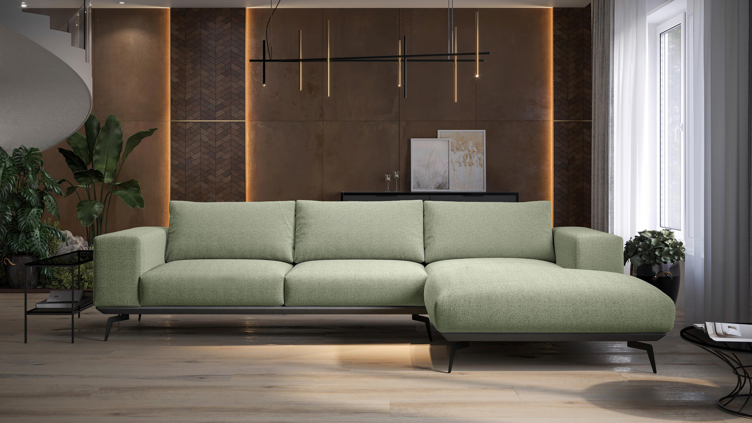 ECKSOFA Mintgrün Chenille  - Beige/Schwarz, Design, Holz/Textil (330/180cm) - MID.YOU