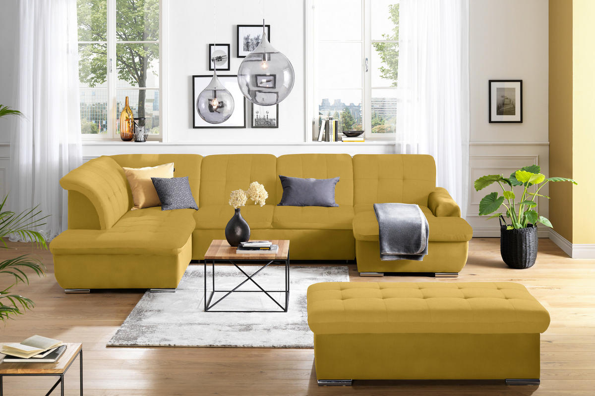 WOHNLANDSCHAFT in Flachgewebe Gelb  - Gelb/Silberfarben, Design, Textil/Metall (208/342/145cm) - Cantus