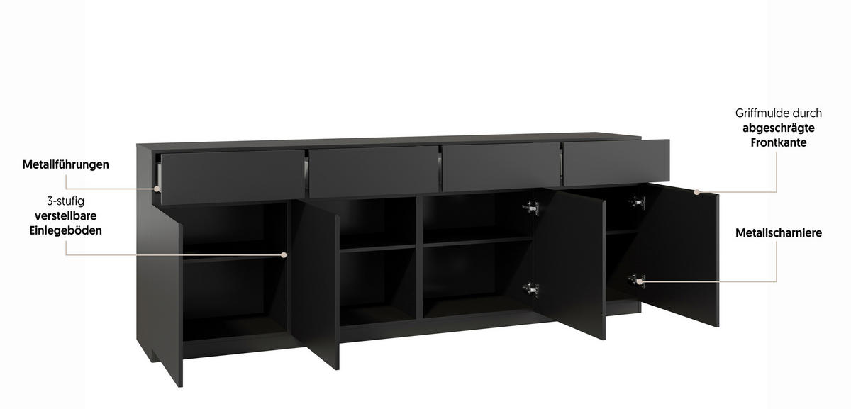 SIDEBOARD Bern 224,8/82,4/40 cm 4 Schublade(n)  - Schwarz, Design, Holzwerkstoff (224,8/82,4/40cm) - MID.YOU