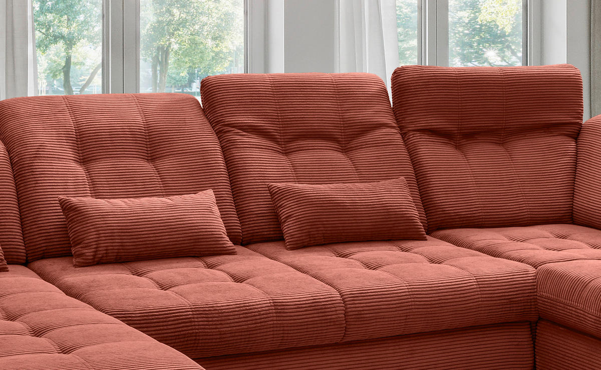 WOHNLANDSCHAFT in Cord Koralle  - Koralle/Schwarz, Modern, Textil/Metall (184/387/252cm) - Livetastic