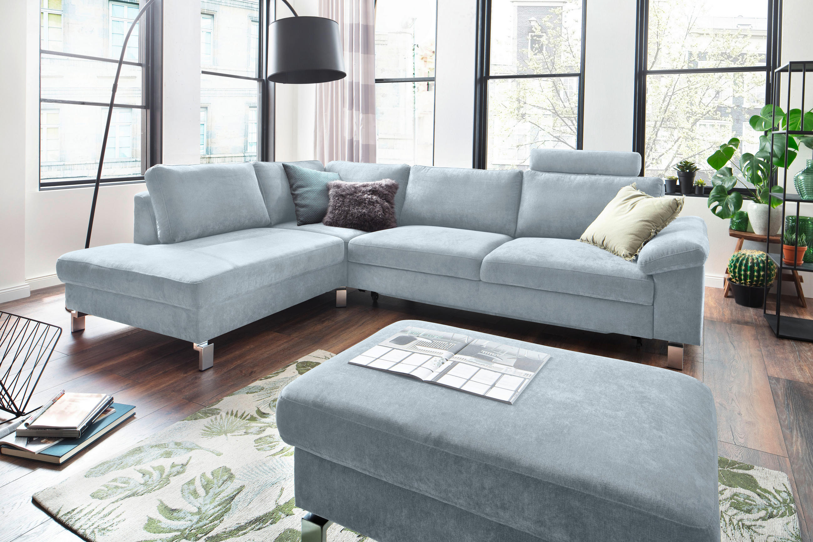 ECKSOFA Hellblau Velours  - Chromfarben/Hellblau, Design, Textil/Metall (200/281cm) - Hom`in