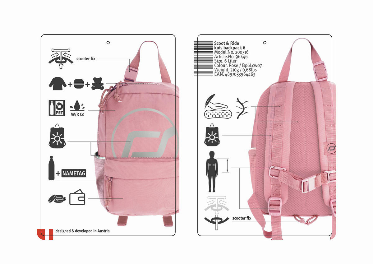 KINDERRUCKSACK BACKPACK 6L  - Hellrosa, Basics, Kunststoff/Textil (20/28/10cm) - Scoot and Ride