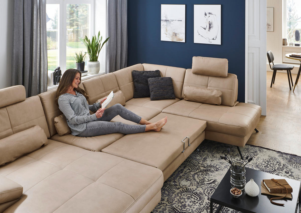 WOHNLANDSCHAFT in Lederlook, Mikrofaser Hellbraun, Haselnussfarben  - Hellbraun/Schwarz, Design, Textil/Metall (345/220cm) - Beldomo System