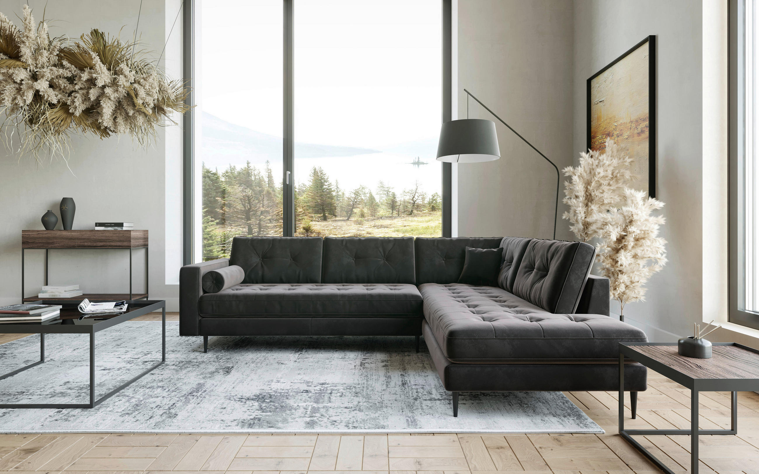 ECKSOFA in Flachgewebe Anthrazit  - Edelstahlfarben/Anthrazit, Design, Textil/Metall (205/259cm) - Livetastic