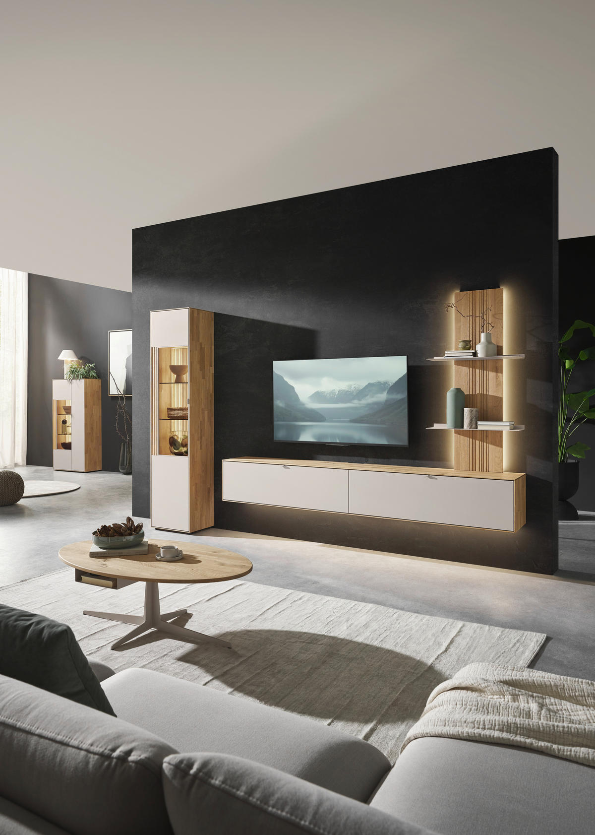 WOHNWAND  in Weiß, Wildeiche  303,8/205,5/37,1 cm   - Wildeiche/Schwarz, Design, Glas/Holz (303,8/205,5/37,1cm) - Dieter Knoll