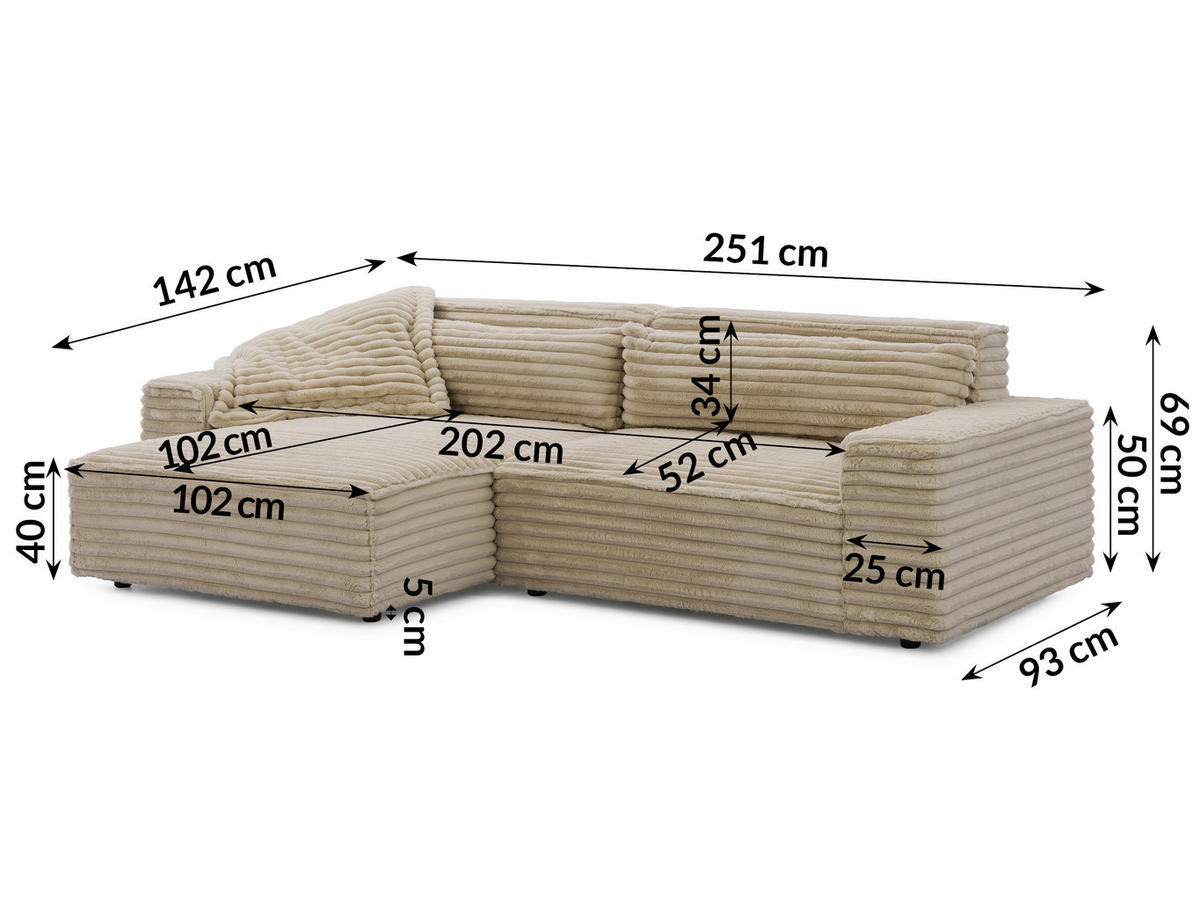 ECKSOFA Curduroy in Cord Hellbraun Rückenkissen  251/142 cm  - Hellbraun/Schwarz, Design, Kunststoff/Textil (251/142cm) - P & B