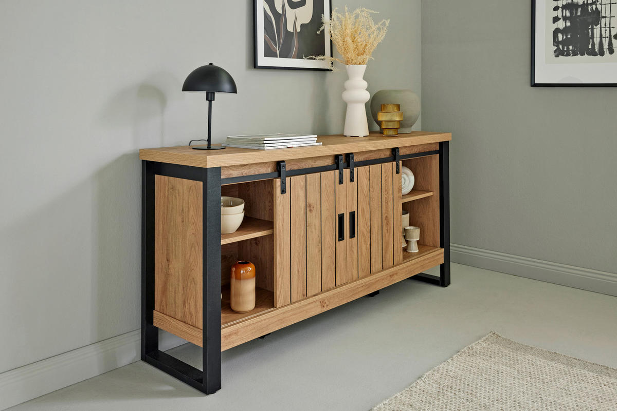 SIDEBOARD 153/75/39 cm  in Eichefarben  - Eichefarben/Schwarz, Modern, Holzwerkstoff/Metall (153/75/39cm) - MID.YOU