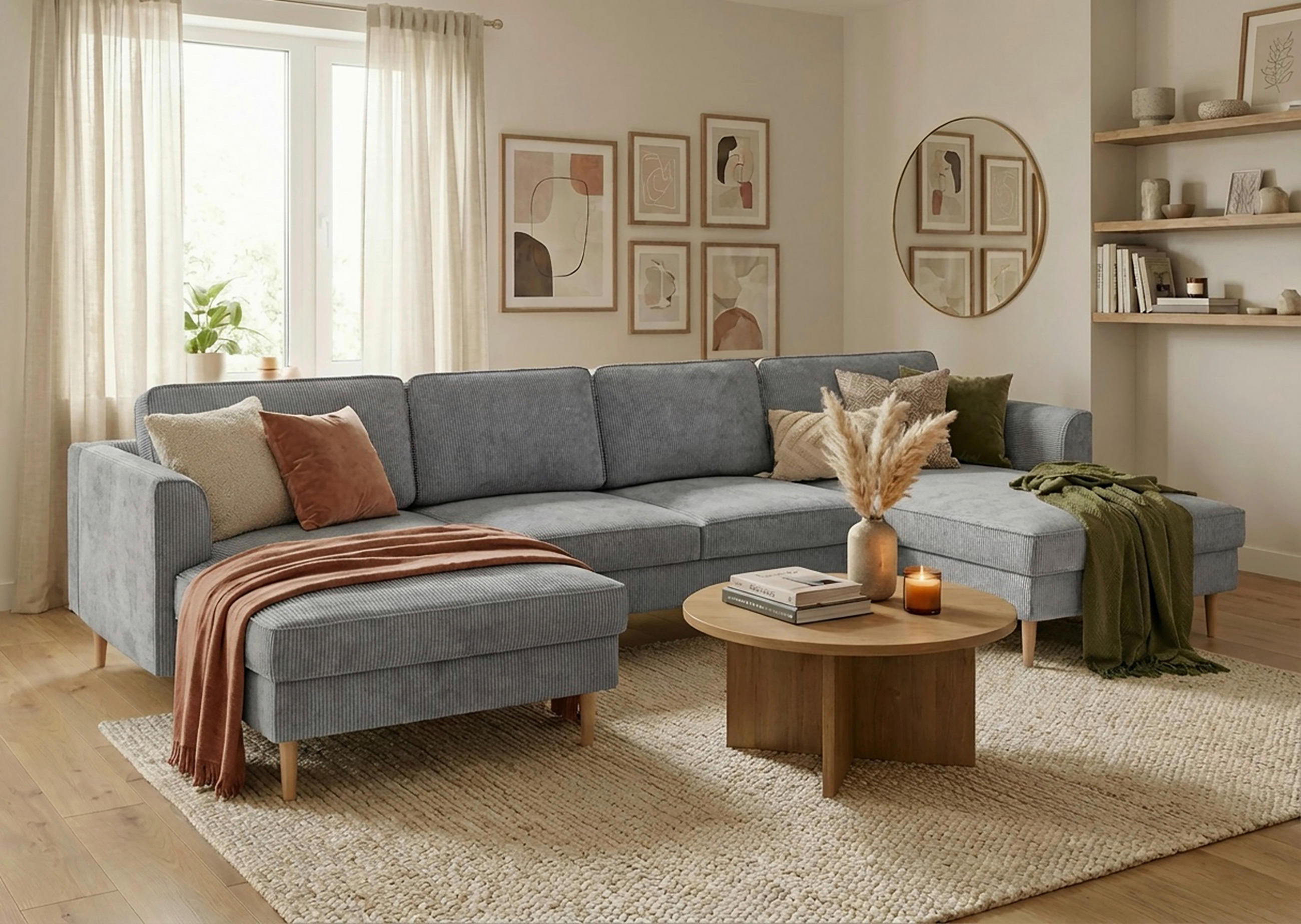 WOHNLANDSCHAFT Grau Cord  - Buchefarben/Grau, MODERN, Holz/Textil (161/306/161cm) - Trendmanufaktur