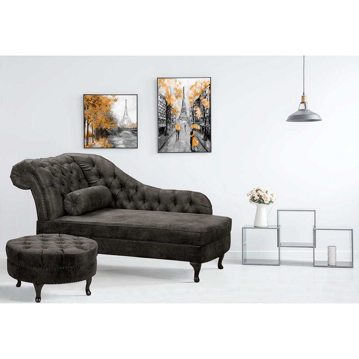 RÉCAMIERE Lederlook Grau  - Braun/Grau, Design, Holz/Textil (185/93/75cm) - Livetastic