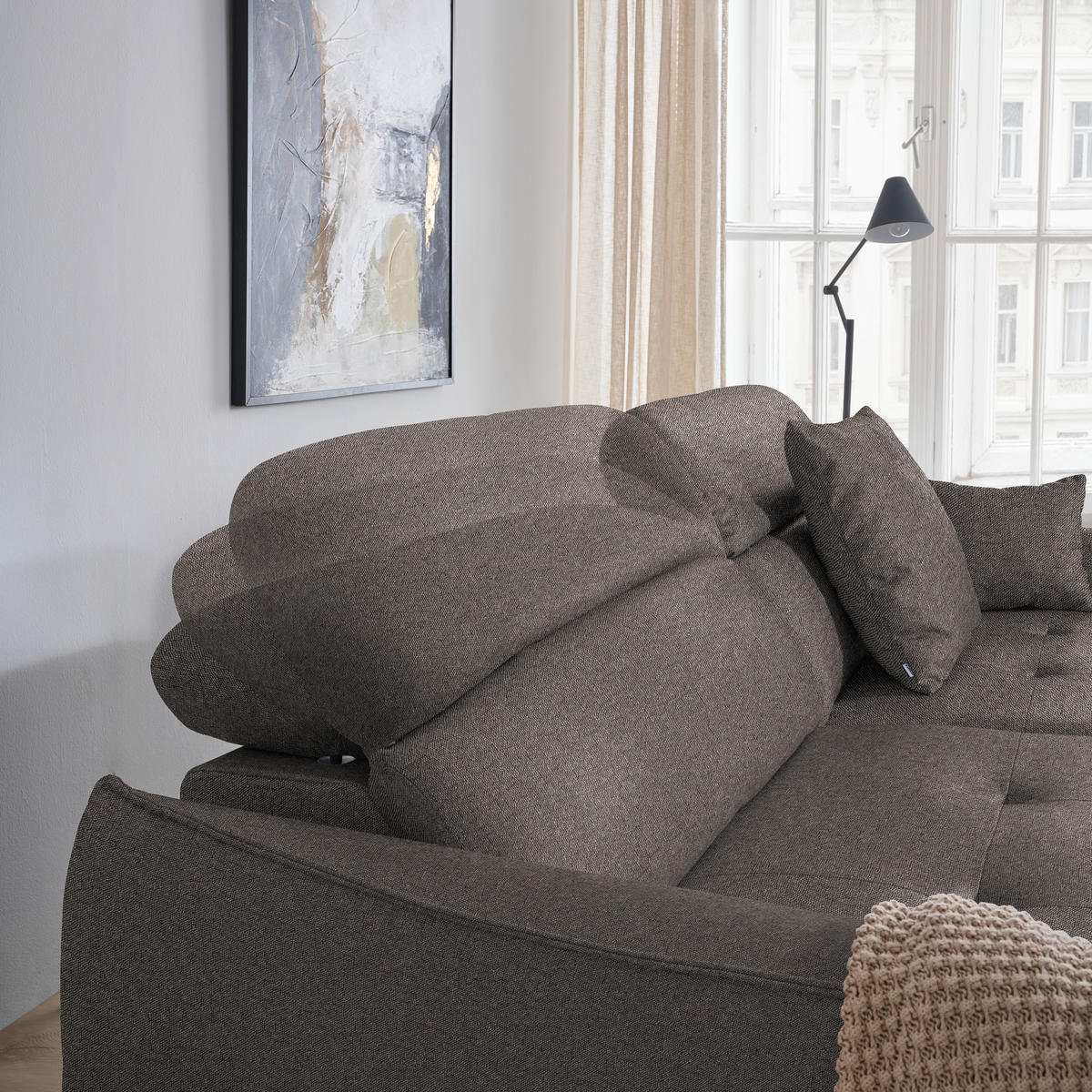 ECKSOFA Flachgewebe Graubraun  - Graubraun/Schwarz, Design, Textil/Metall (175/246cm) - Celina