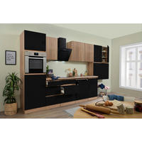 KÜCHENBLOCK 380 cm   in Eichefarben, Schwarz Hochglanz  - Schwarz Hochglanz/Eichefarben, Basics, Holzwerkstoff (380cm) - Respekta