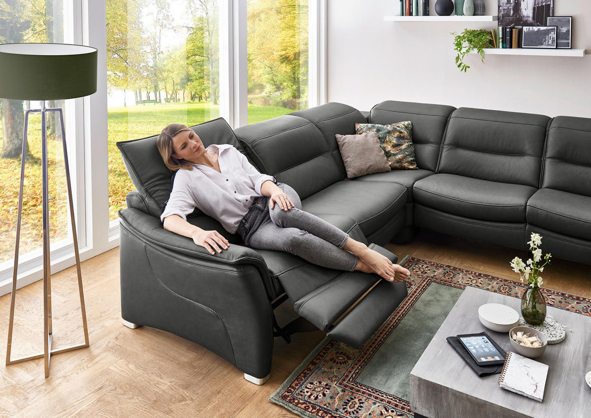 ECKSOFA in Echtleder Schwarz  - Alufarben/Schwarz, Design, Leder/Metall (277/277cm) - Valdera