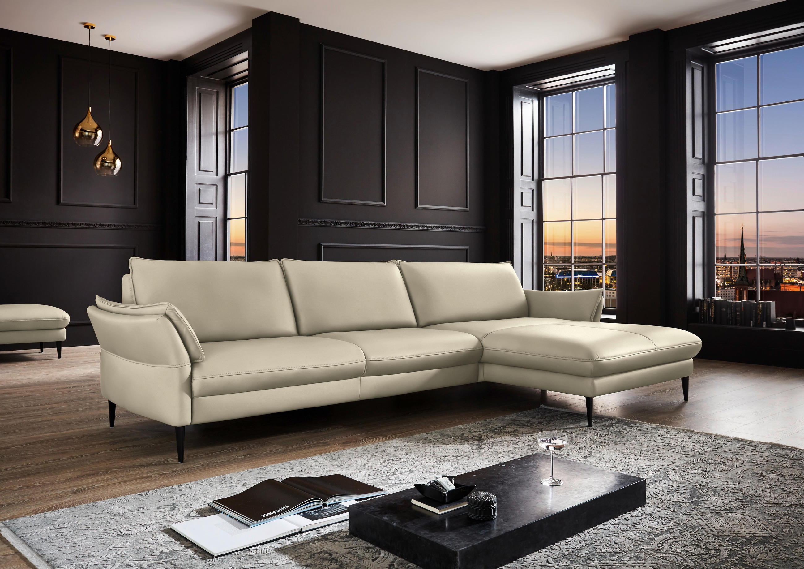 ECKSOFA in Echtleder Creme  - Creme/Schwarz, Design, Leder/Metall (334/172cm) - Hukla