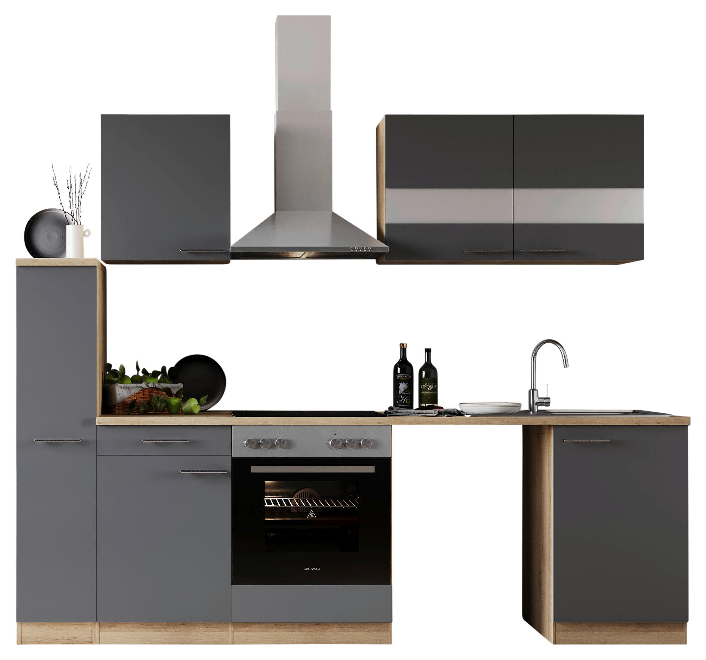 KÜCHENBLOCK 250 cm   in Grau  - Edelstahlfarben/Eichefarben, Basics, Glas/Holzwerkstoff (250cm) - Respekta