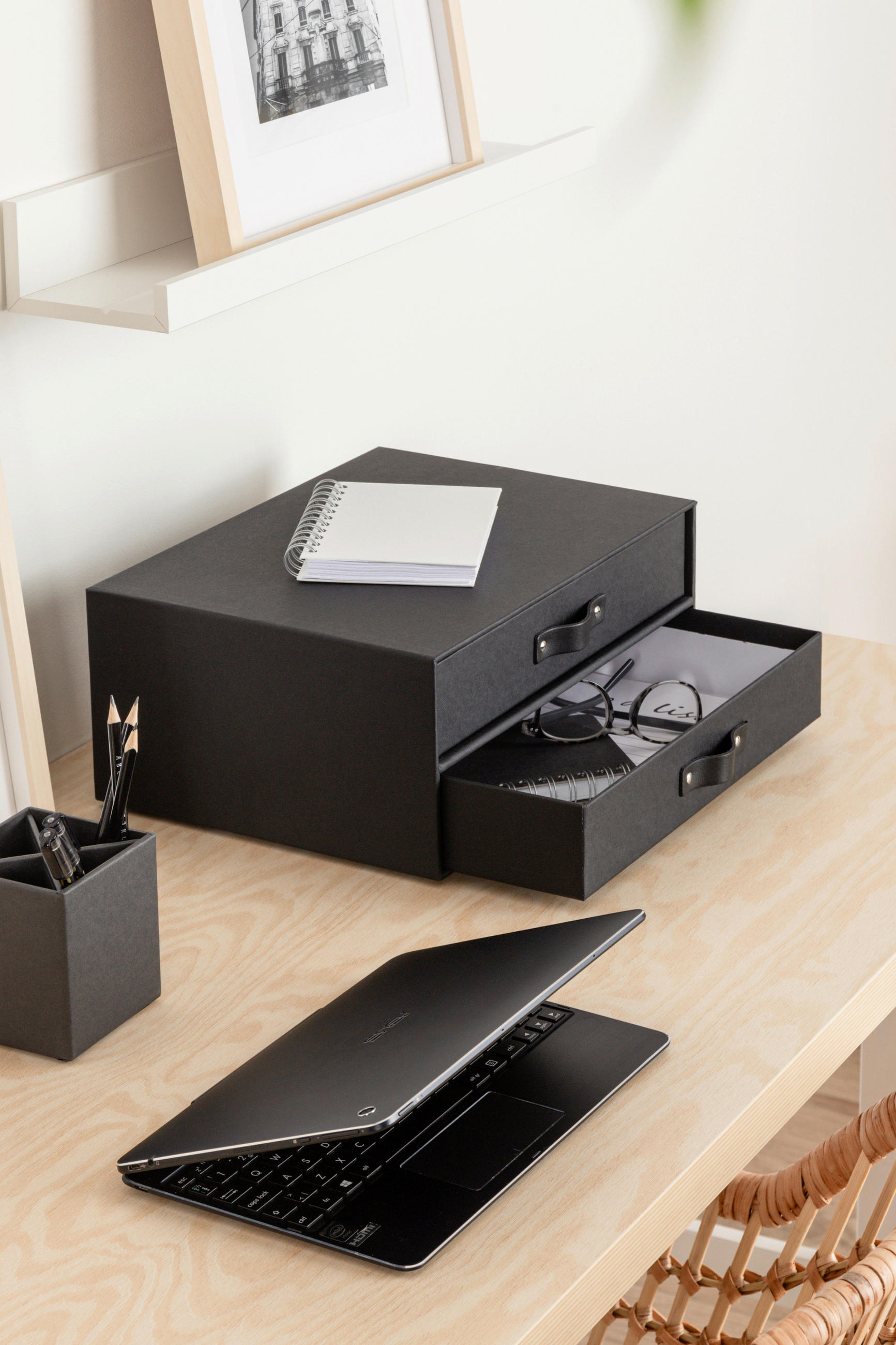 SCHUBLADENBOX    25.5/33.5/14.5 cm  - Schwarz, Basics, Karton/Leder (25.5/33.5/14.5cm)