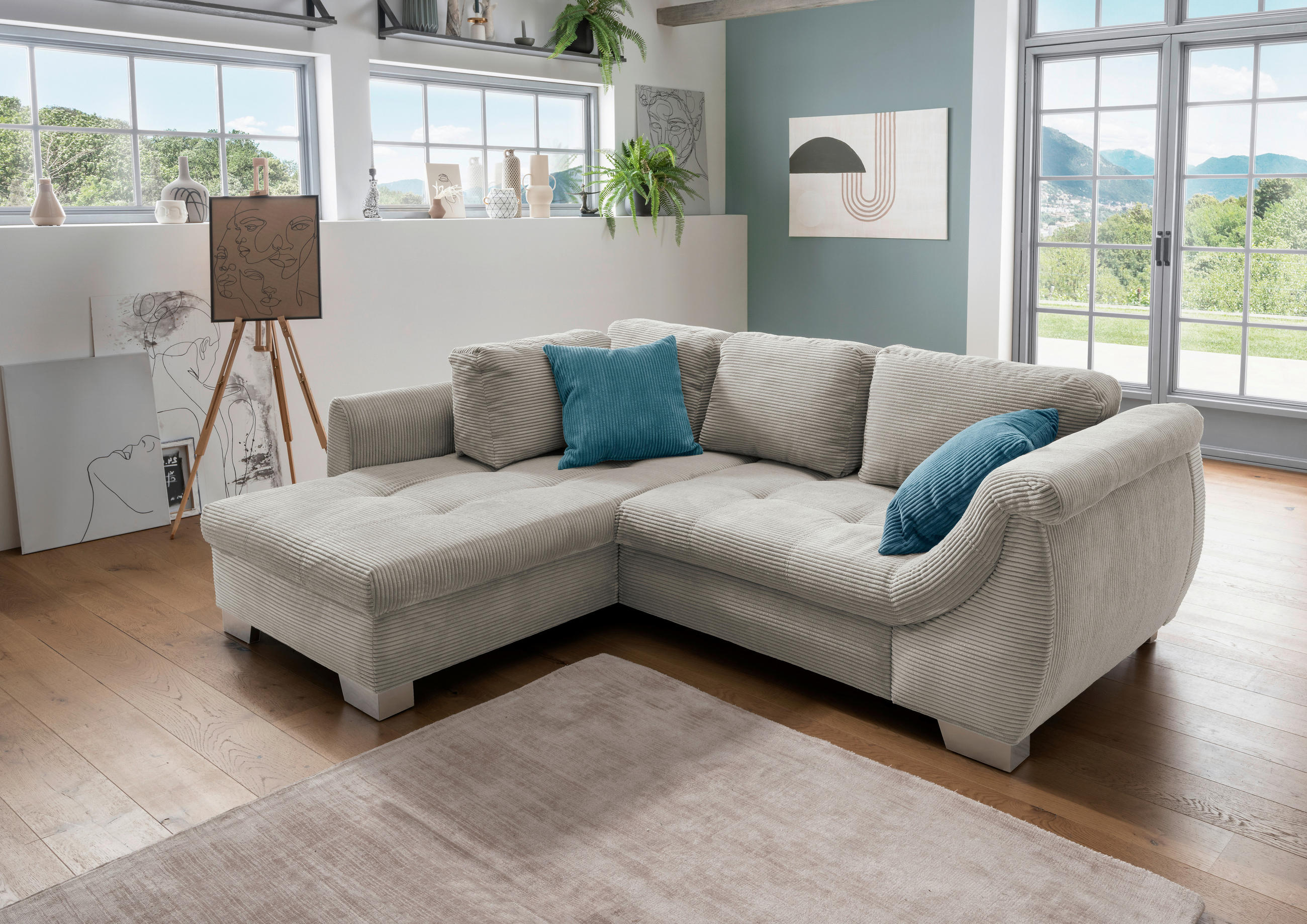 ECKSOFA in Cord Silberfarben  - Silberfarben/Petrol, Design, Holz/Textil (190/250cm) - MID.YOU