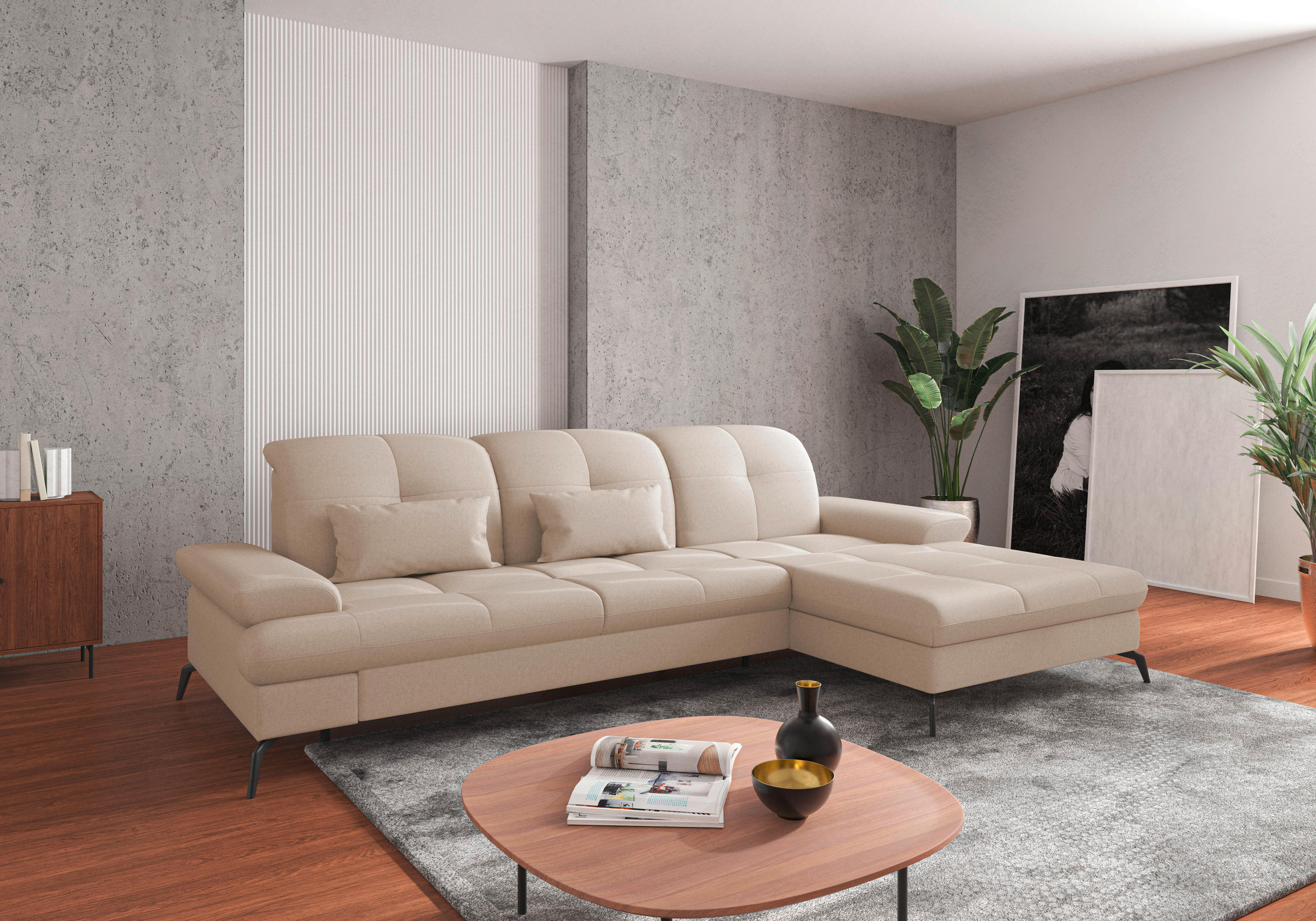 ECKSOFA in Flachgewebe Creme 279/185 cm - Creme/Schwarz, KONVENTIONELL, Textil/Metall (279/185cm) - Sit & More