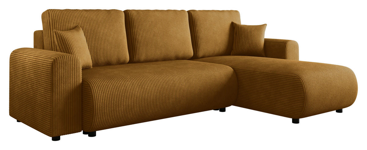 ECKSOFA Senfgelb Cord Zierkissen, Rückenkissen, Schlaffunktion, Rücken echt, Stauraum, Liegefläche im Originalstoff  - Senfgelb/Schwarz, KONVENTIONELL, Kunststoff/Textil (246/152cm) - Xora