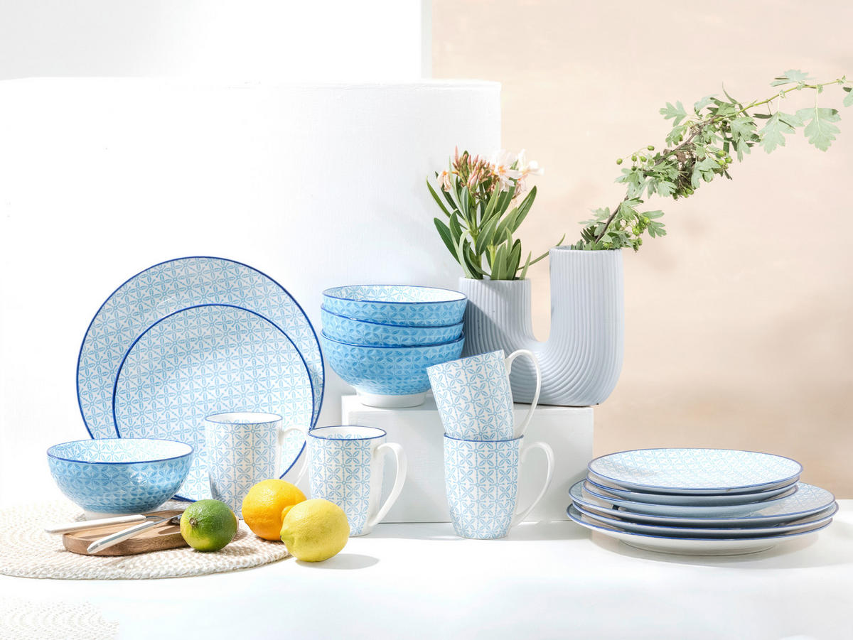 KOMBISERVICE Weiß, Hellblau Mediterran Blau 16-teilig 4 Personen  - Weiß/Hellblau, Basics, Keramik - Creatable