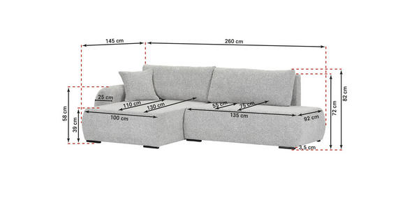 ECKSOFA Grau Flachgewebe Zierkissen, Rückenkissen, Bettkasten, Schlaffunktion, Rücken echt, Liegefläche im Originalstoff  - Schwarz/Grau, KONVENTIONELL, Kunststoff/Textil (145/260cm) - Carryhome