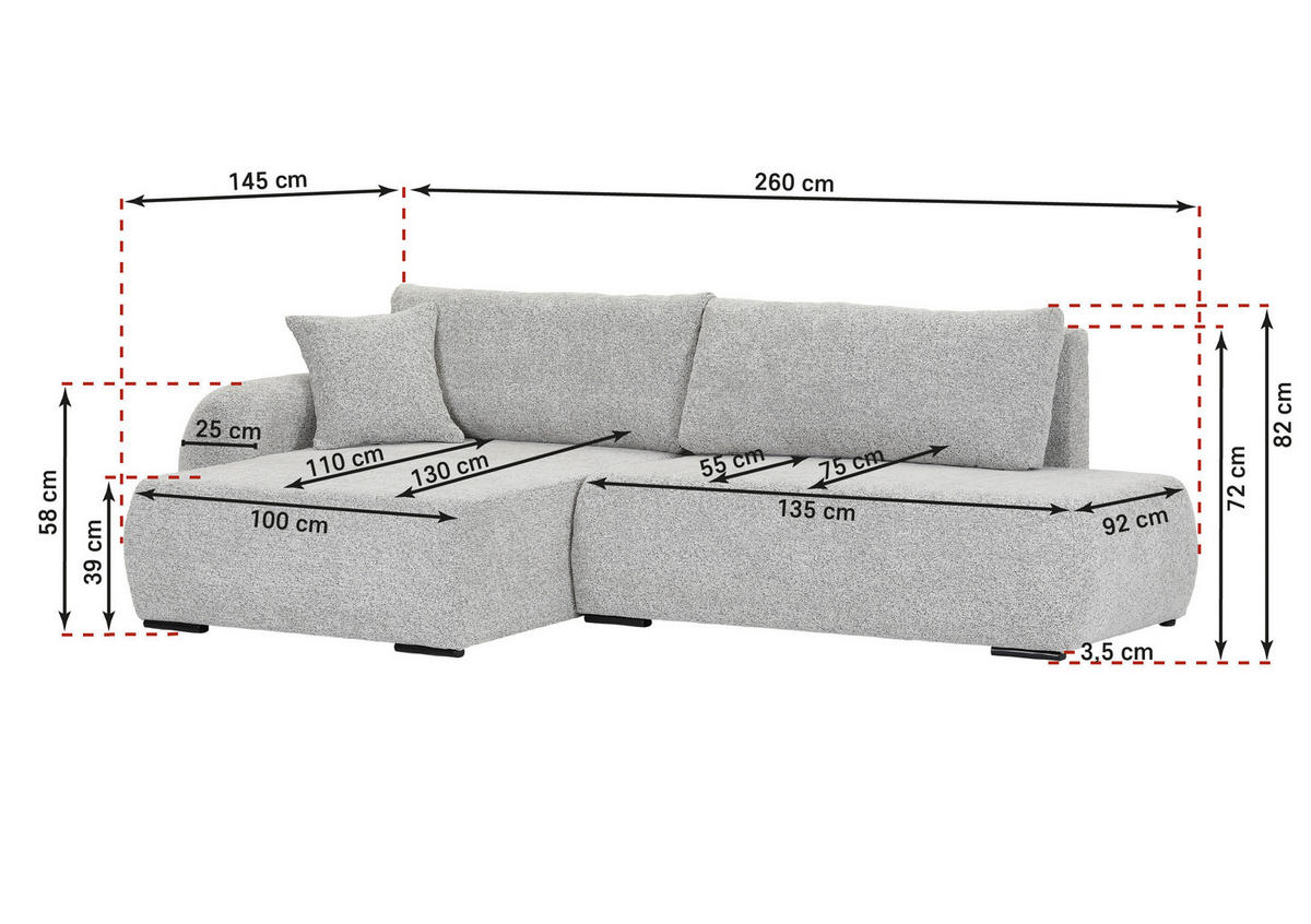 ECKSOFA Grau Flachgewebe Zierkissen, Rückenkissen, Bettkasten, Schlaffunktion, Rücken echt, Liegefläche im Originalstoff  - Schwarz/Grau, KONVENTIONELL, Kunststoff/Textil (145/260cm) - Carryhome