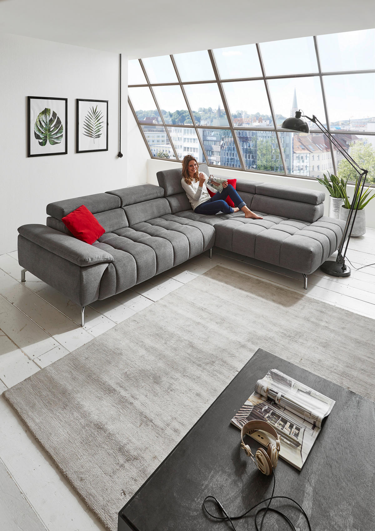 ECKSOFA Grau Chenille  - Chromfarben/Grau, Design, Textil/Metall (323/222cm) - Beldomo Style