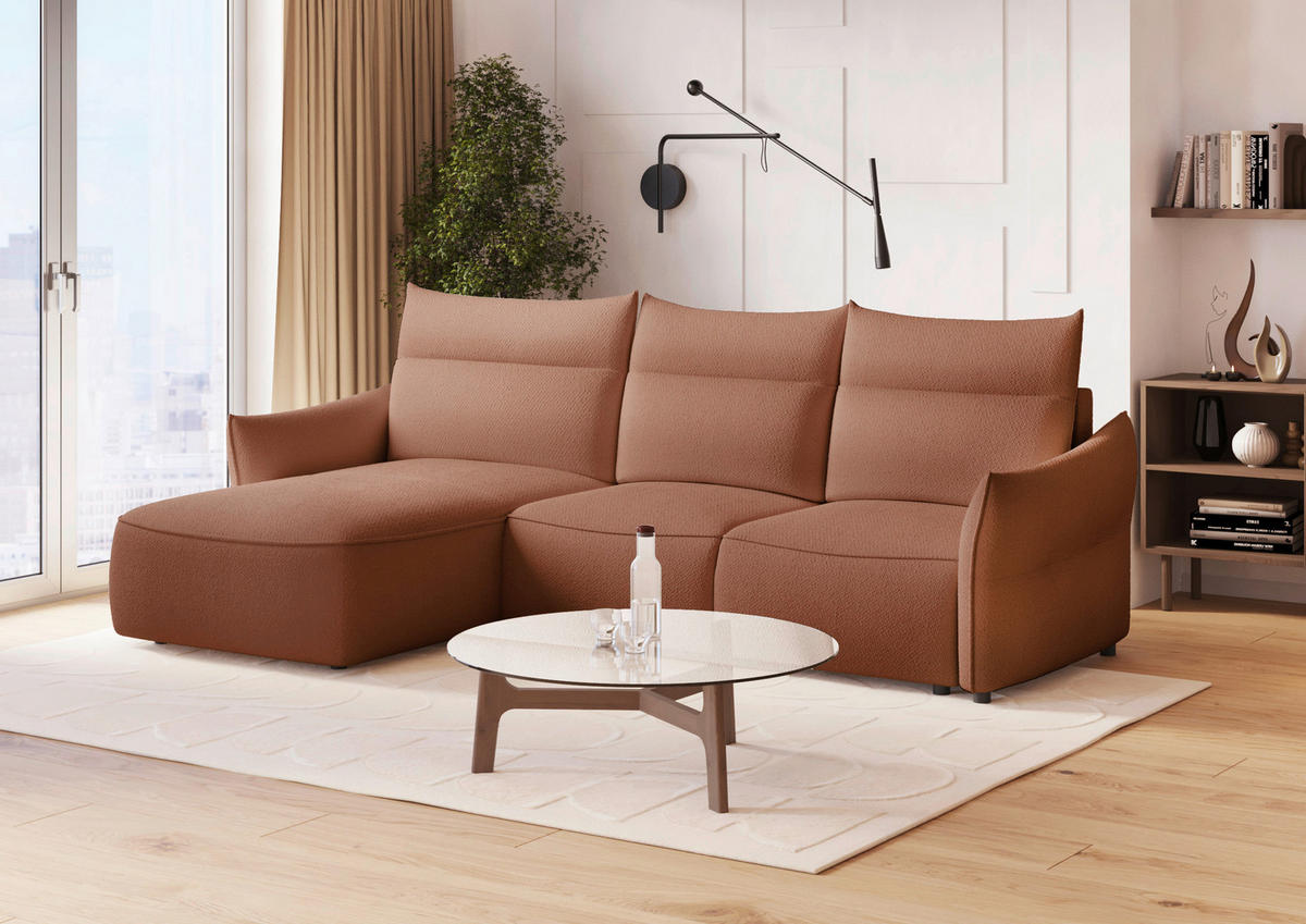 ECKSOFA Rostfarben Webstoff Rückenkissen, Bettkasten, Schlaffunktion, Rücken echt, Liegefläche im Originalstoff  - Rostfarben/Schwarz, KONVENTIONELL, Kunststoff/Textil (179/306cm) - Milino