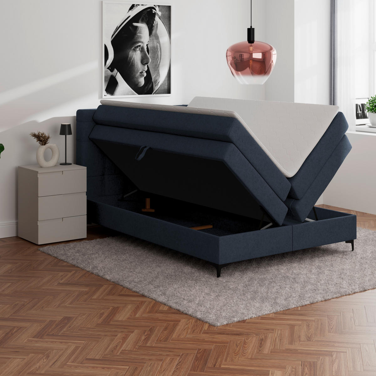 BOXSPRINGBETT 140/200 cm,  in Dunkelblau, H3 = fest  - Schwarz/Dunkelblau, KONVENTIONELL, Kunststoff/Textil (140/200cm)