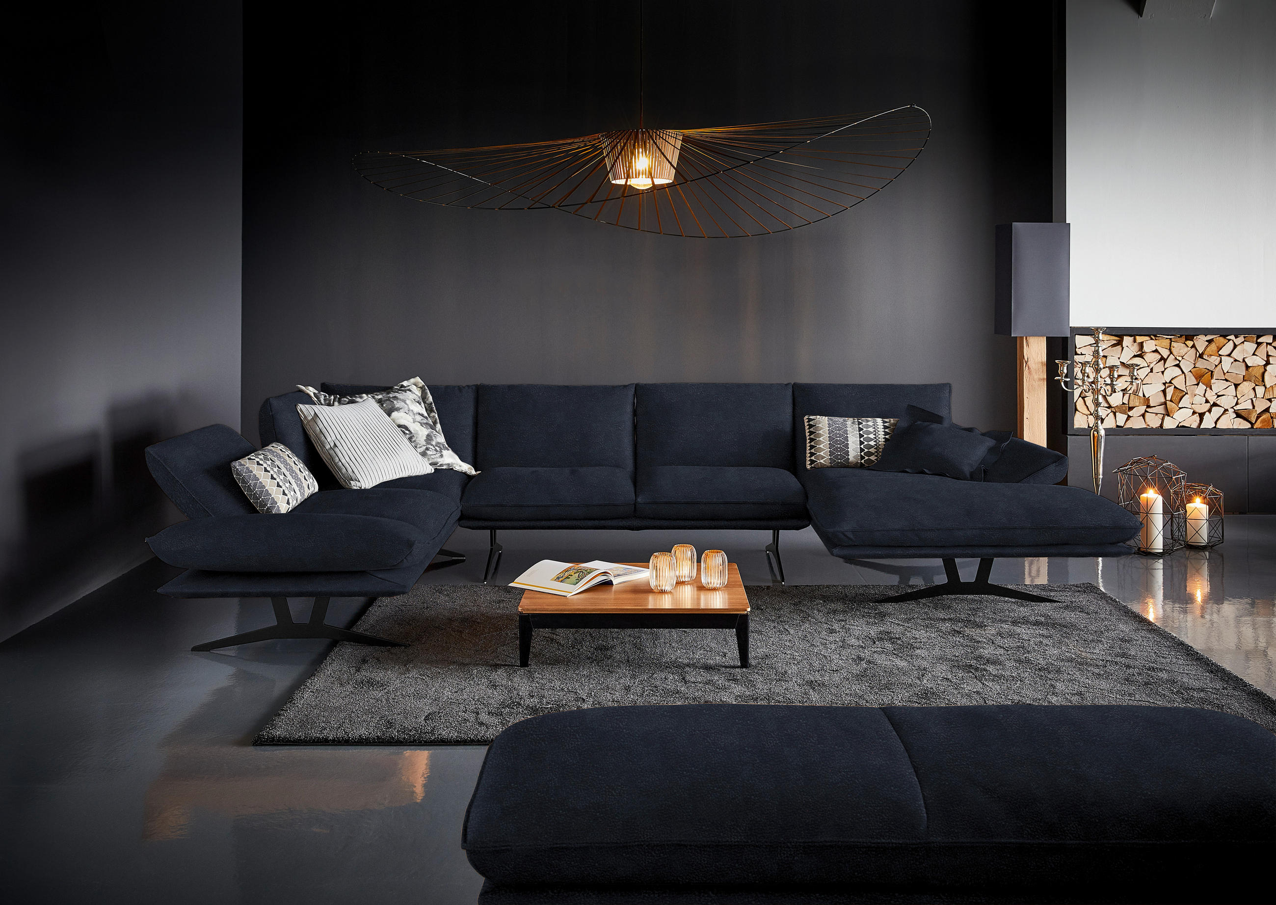 WOHNLANDSCHAFT in Echtleder Dunkelblau  - Schwarz/Dunkelblau, Natur, Leder/Metall (217/359/155cm) - Dieter Knoll