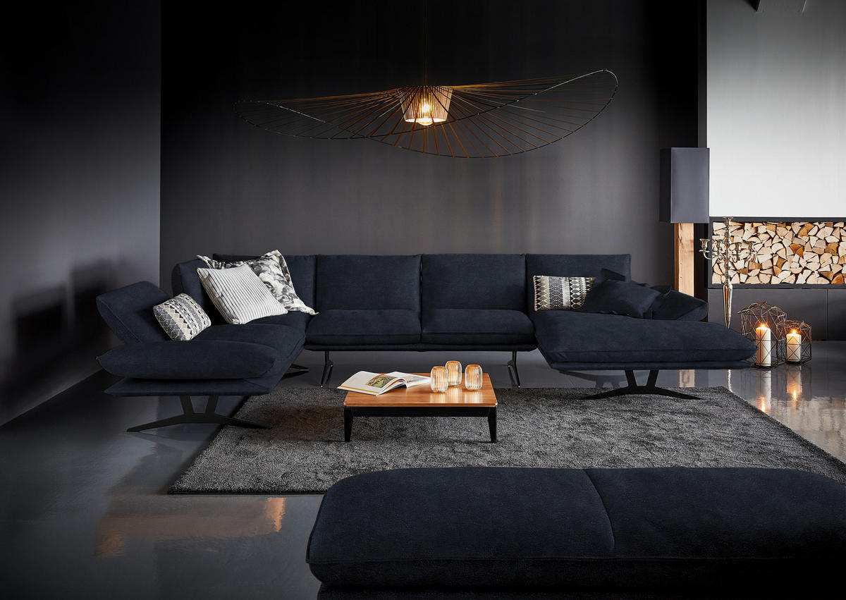 WOHNLANDSCHAFT in Echtleder Dunkelblau  - Schwarz/Dunkelblau, Natur, Leder/Metall (217/359/155cm) - Dieter Knoll