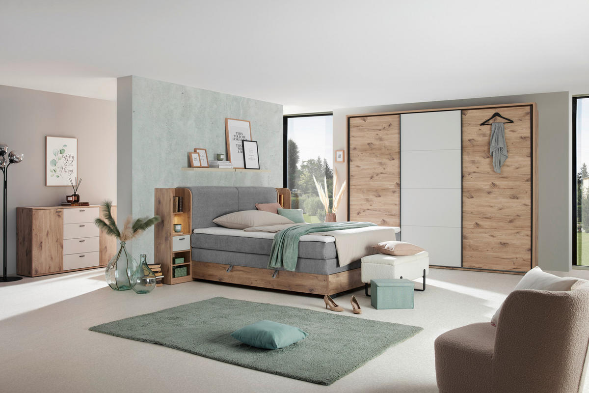 POSTELJA BOXSPRING 180 cm   x 200 cm  , leseni material barve hrasta, svetlo siva  - barve hrasta/barve grafita, Trendi, umetna masa/tekstil (180/200cm) - Xora