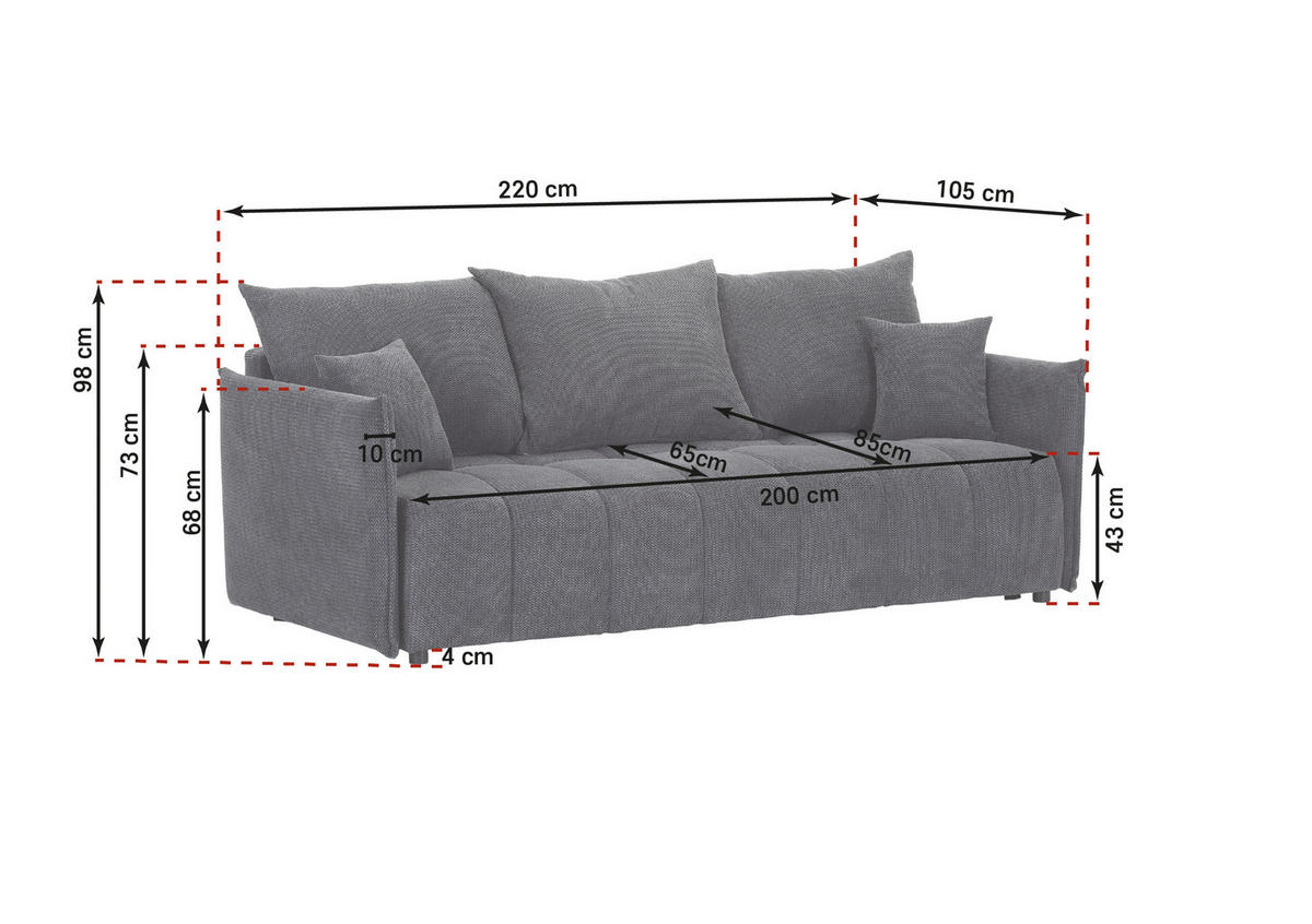 SCHLAFSOFA Plüsch Anthrazit  inkl. Zierkissen, Rückenkissen, Bettkasten, Schlaffunktion, Rücken echt, Liegefläche im Originalstoff  - Anthrazit/Schwarz, KONVENTIONELL, Kunststoff/Textil (200/73/105cm) - Carryhome