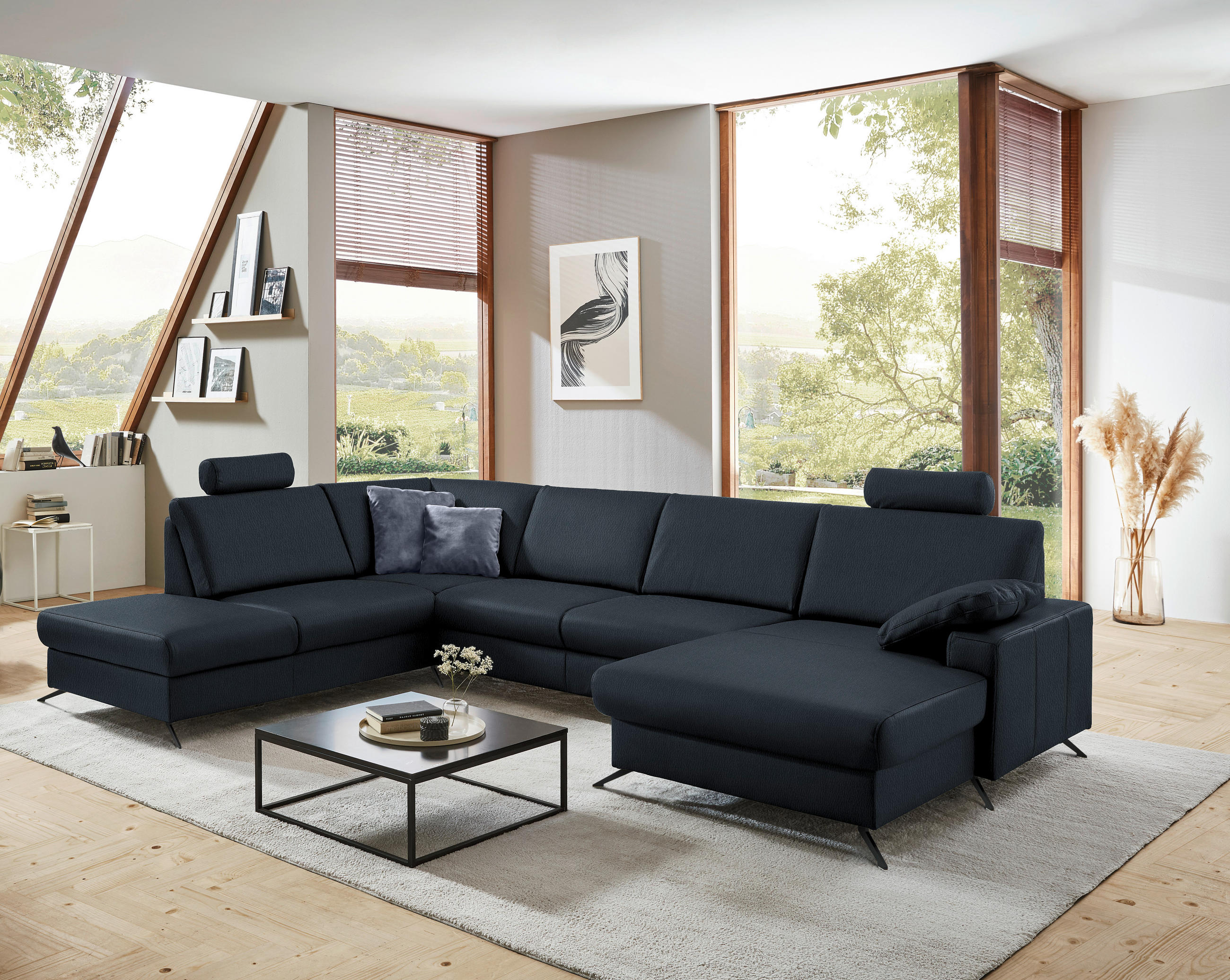 WOHNLANDSCHAFT in Echtleder Dunkelblau  - Schwarz/Dunkelblau, Design, Leder/Metall (233/339/165cm) - Beldomo Premium