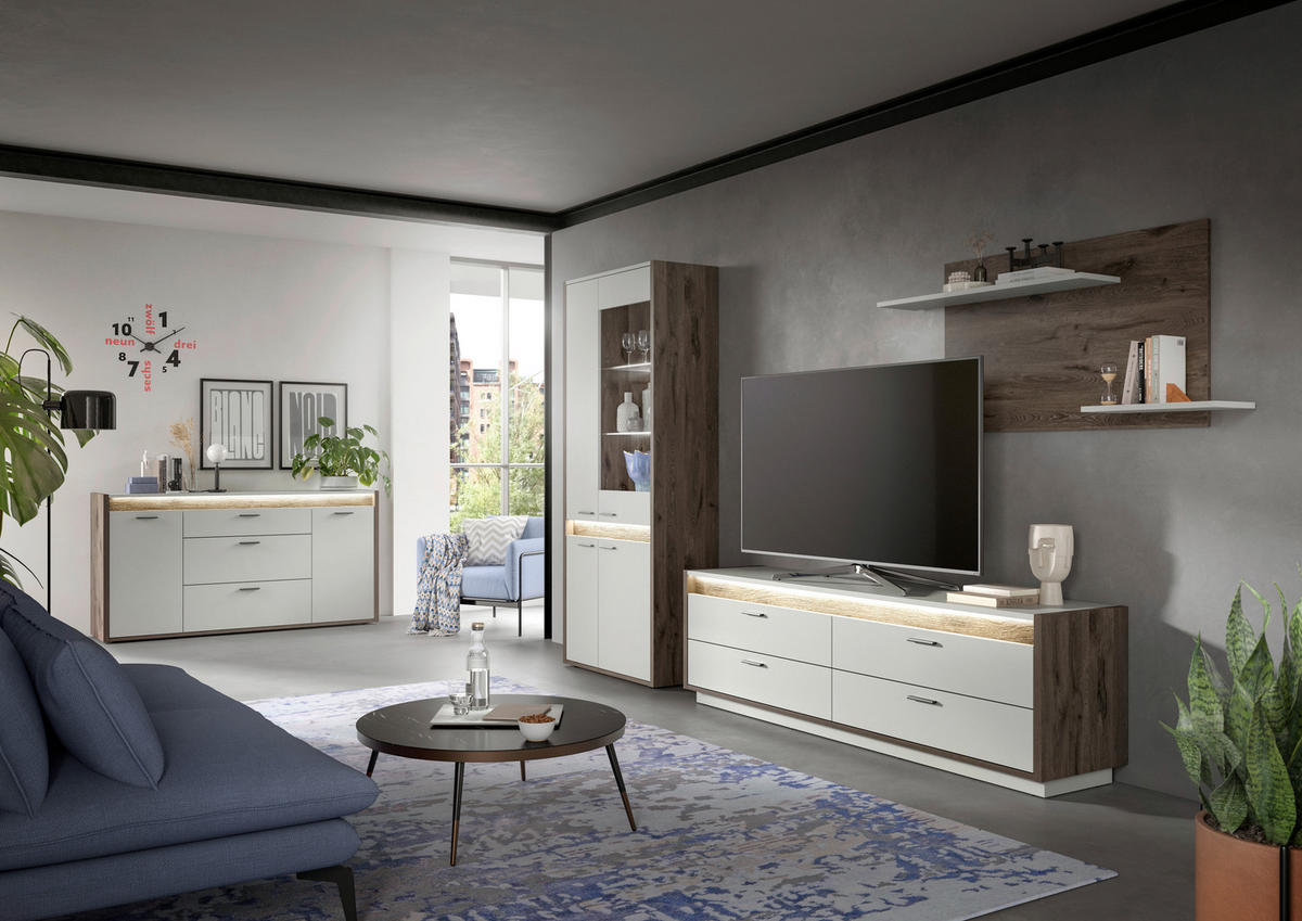 WOHNWAND 3-teilig  in Hellgrau  299/198/43 cm  - Anthrazit/Hellgrau, Design, Holzwerkstoff/Metall (299/198/43cm) - MID.YOU