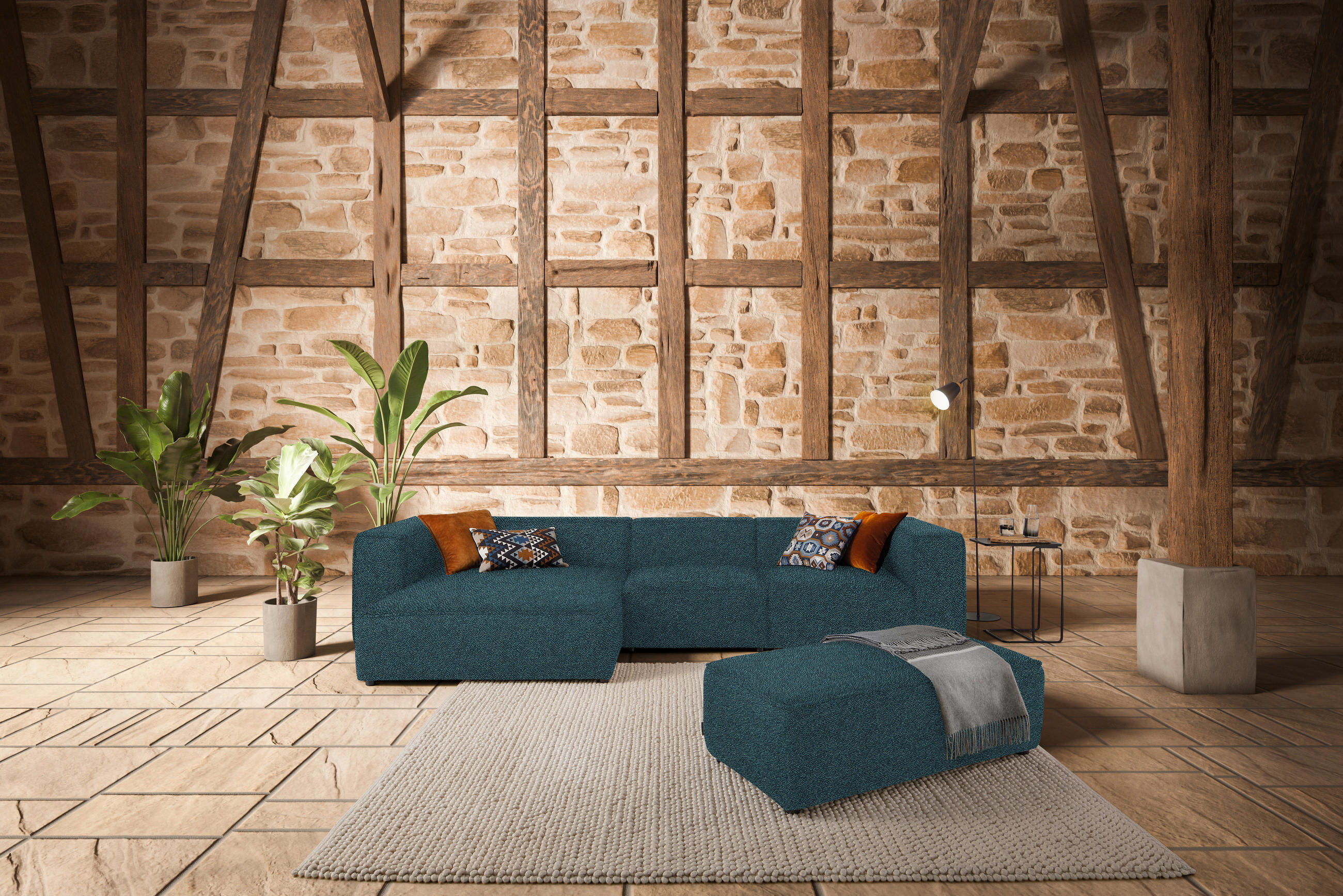 ECKSOFA in Flachgewebe Blau  164/341 cm  - Blau/Schwarz, Design, Kunststoff/Textil (164/341cm) - W.Schillig