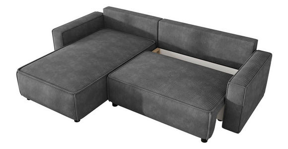ECKSOFA Dunkelgrau Cord Zierkissen, Rückenkissen, Bettkasten, Schlaffunktion, Rücken echt, Liegefläche im Originalstoff  - Dunkelgrau/Schwarz, MODERN, Kunststoff/Textil (190/280cm) - Carryhome