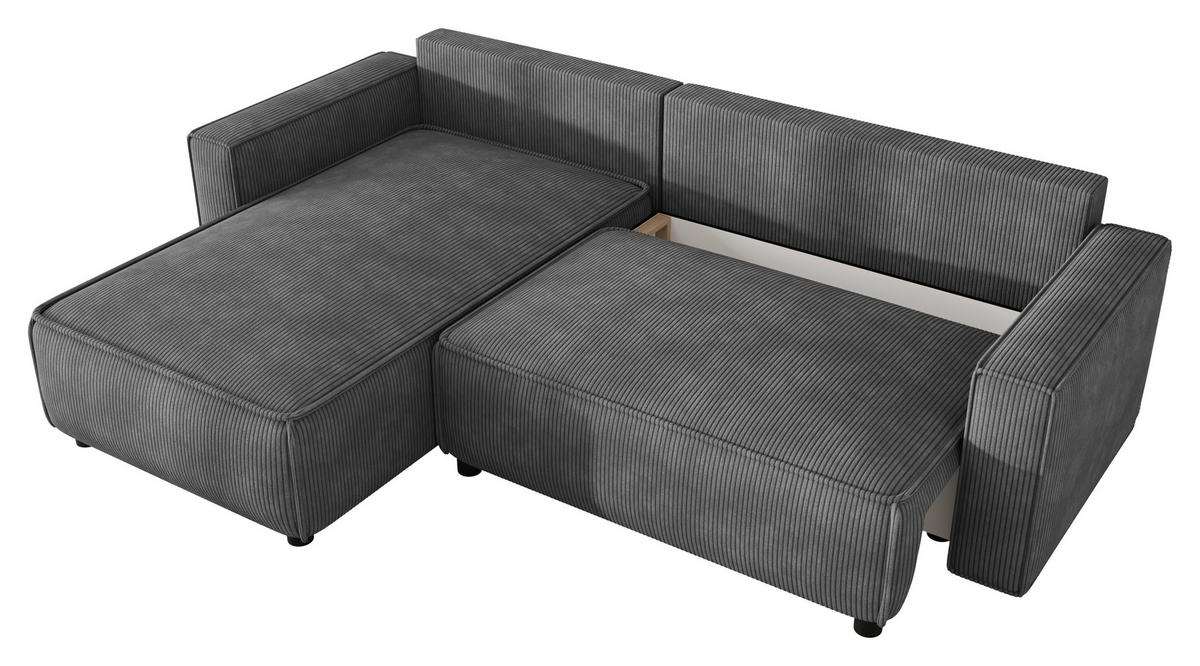 ECKSOFA Dunkelgrau Cord Zierkissen, Rückenkissen, Bettkasten, Schlaffunktion, Rücken echt, Liegefläche im Originalstoff  - Dunkelgrau/Schwarz, MODERN, Kunststoff/Textil (190/280cm) - Carryhome