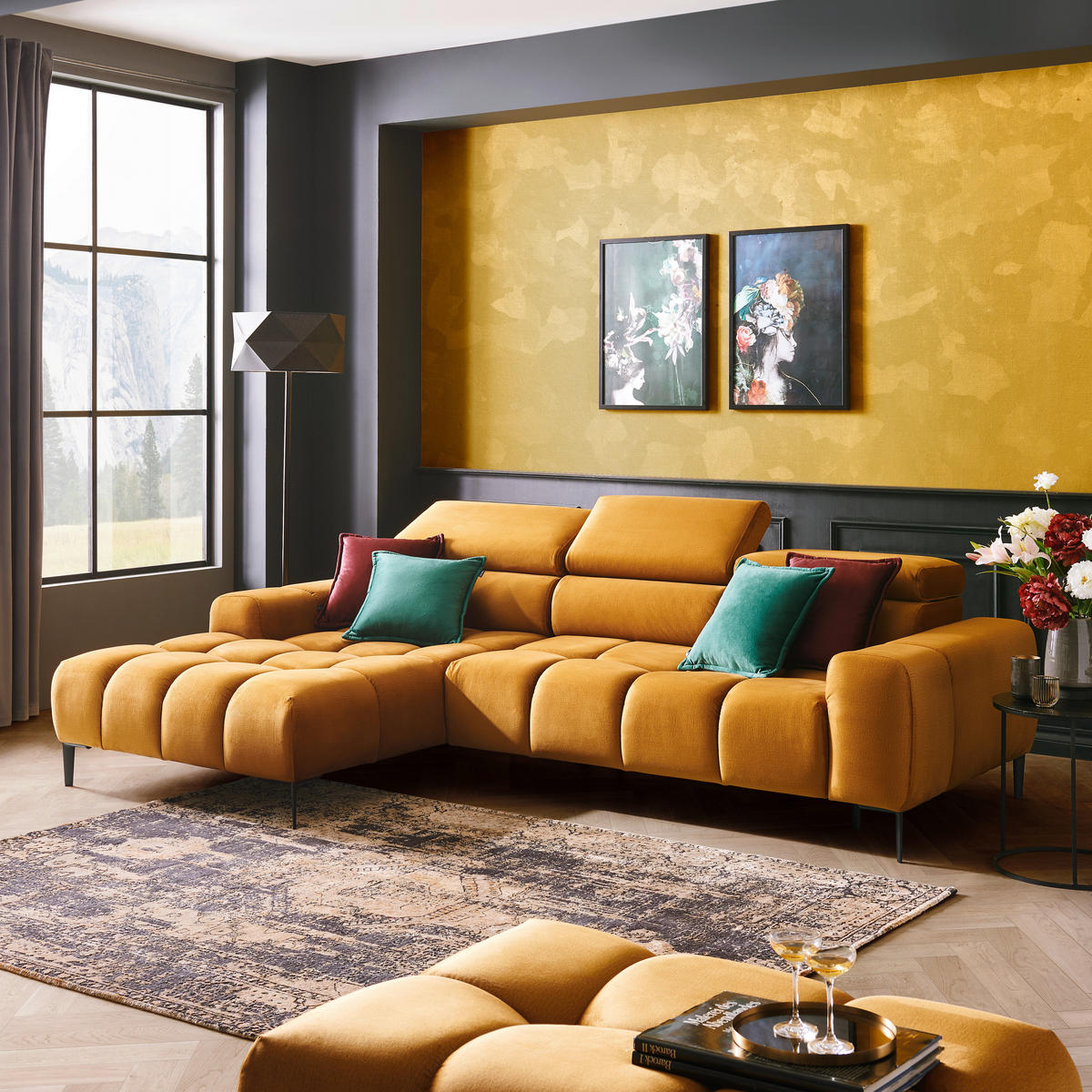 ECKSOFA Currygelb Webstoff  - Currygelb/Schwarz, Design, Textil/Metall (177/270cm) - Welnova