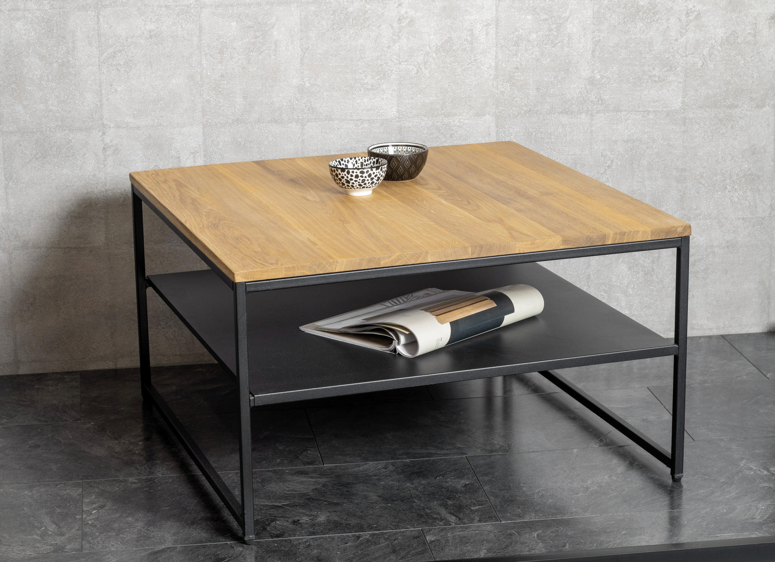 COUCHTISCH Eiche massiv 70/70/40 cm quadratisch Schwarz, Eichefarben  - Eichefarben/Schwarz, Design, Holz/Metall (70/70/40cm)