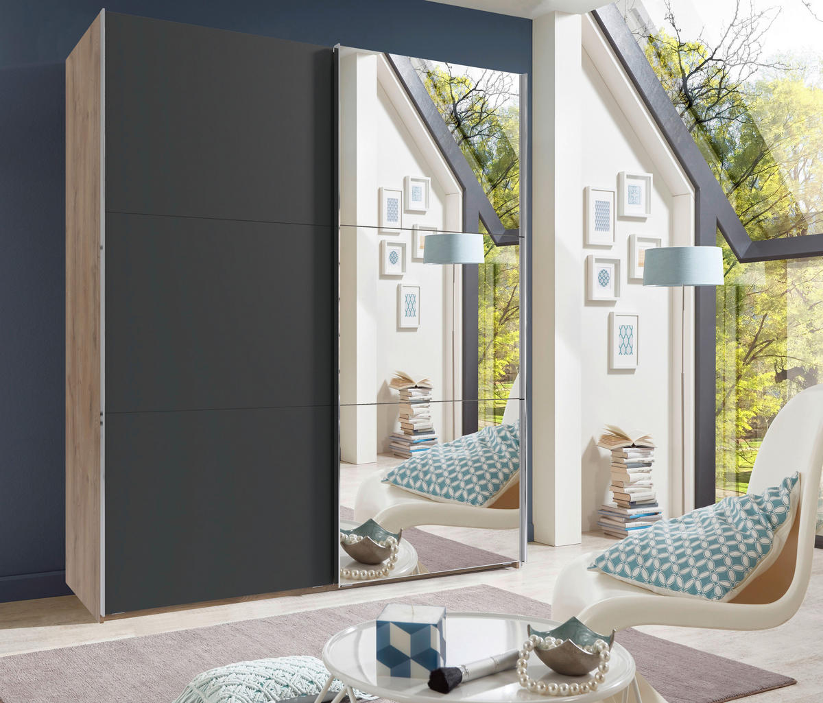 SCHWEBETÜRENSCHRANK 150/216/65 cm 2-türig Graphitfarben, Plankeneiche  - Chromfarben/Plankeneiche, MODERN, Glas/Holzwerkstoff (150/216/65cm) - MID.YOU