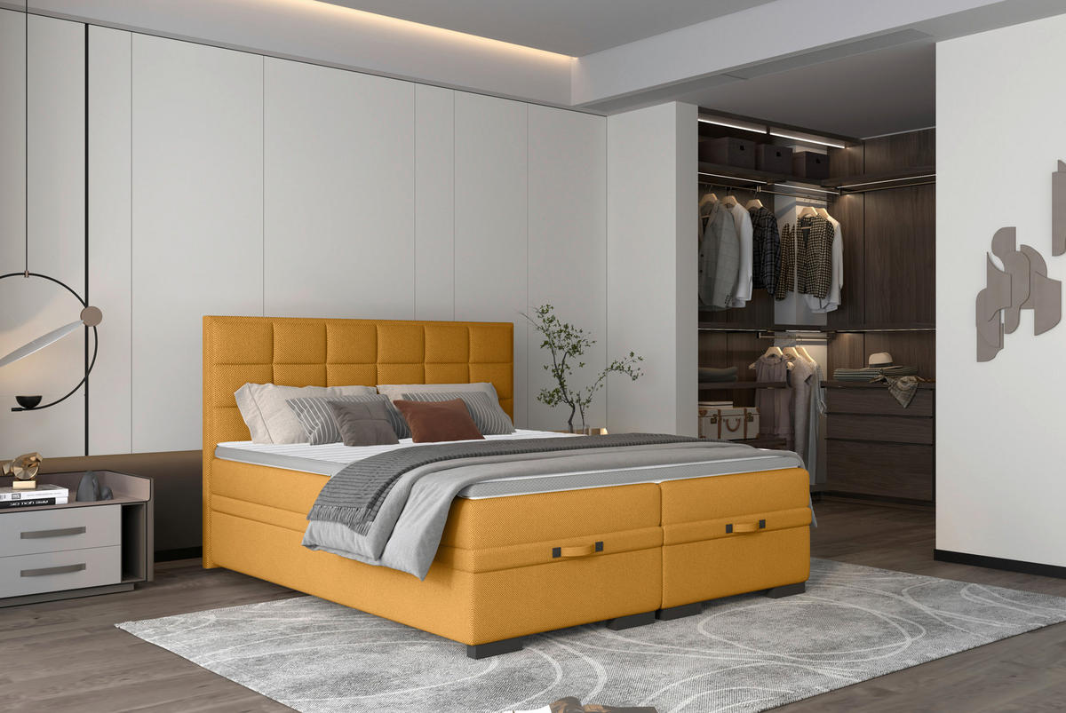 BOXSPRINGBETT 180/200 cm  in Senfgelb  - Senfgelb/Schwarz, Konventionell, Kunststoff/Textil (180/200cm) - home24