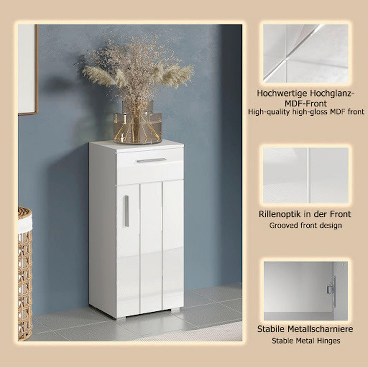 MIDISCHRANK 37/83/31 cm  - Weiß Hochglanz/Silberfarben, Trend, Holzwerkstoff/Kunststoff (37/83/31cm) - MID.YOU