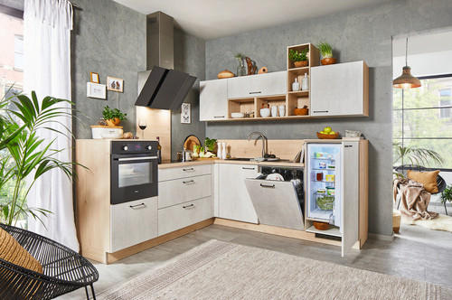 ROHOVÁ KUCHYNĚ BASE 245 - bílá/barvy dubu, Moderní, kompozitní dřevo (245/225cm) - Welnova