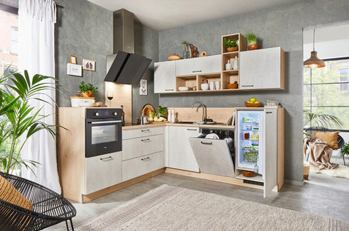 ROHOVÁ KUCHYŇA BASE 245 - biela/farba duba, Modern, kompozitné drevo (245/225cm) - Welnova