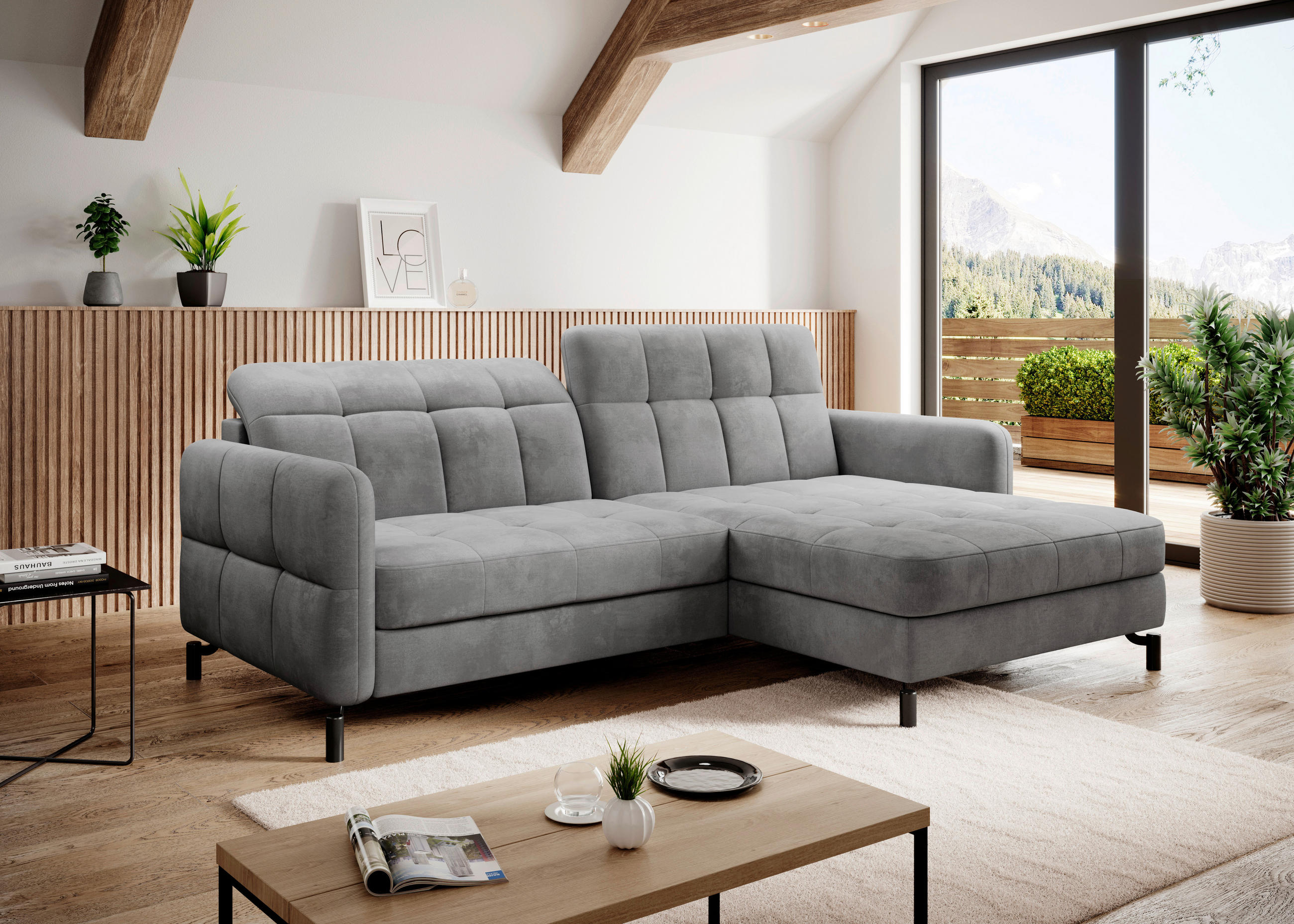 ECKSOFA in Samt Hellgrau  225/160 cm  - Hellgrau/Schwarz, Design, Textil/Metall (225/160cm) - MID.YOU