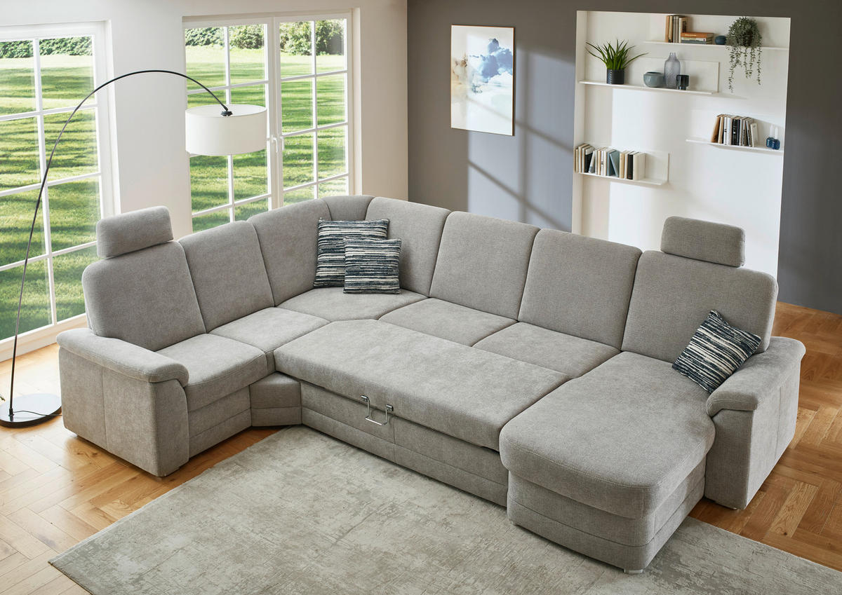 WOHNLANDSCHAFT Chenille Hellgrau  - Hellgrau/Alufarben, Konventionell, Holz/Textil (235/329/160cm) - Beldomo Comfort