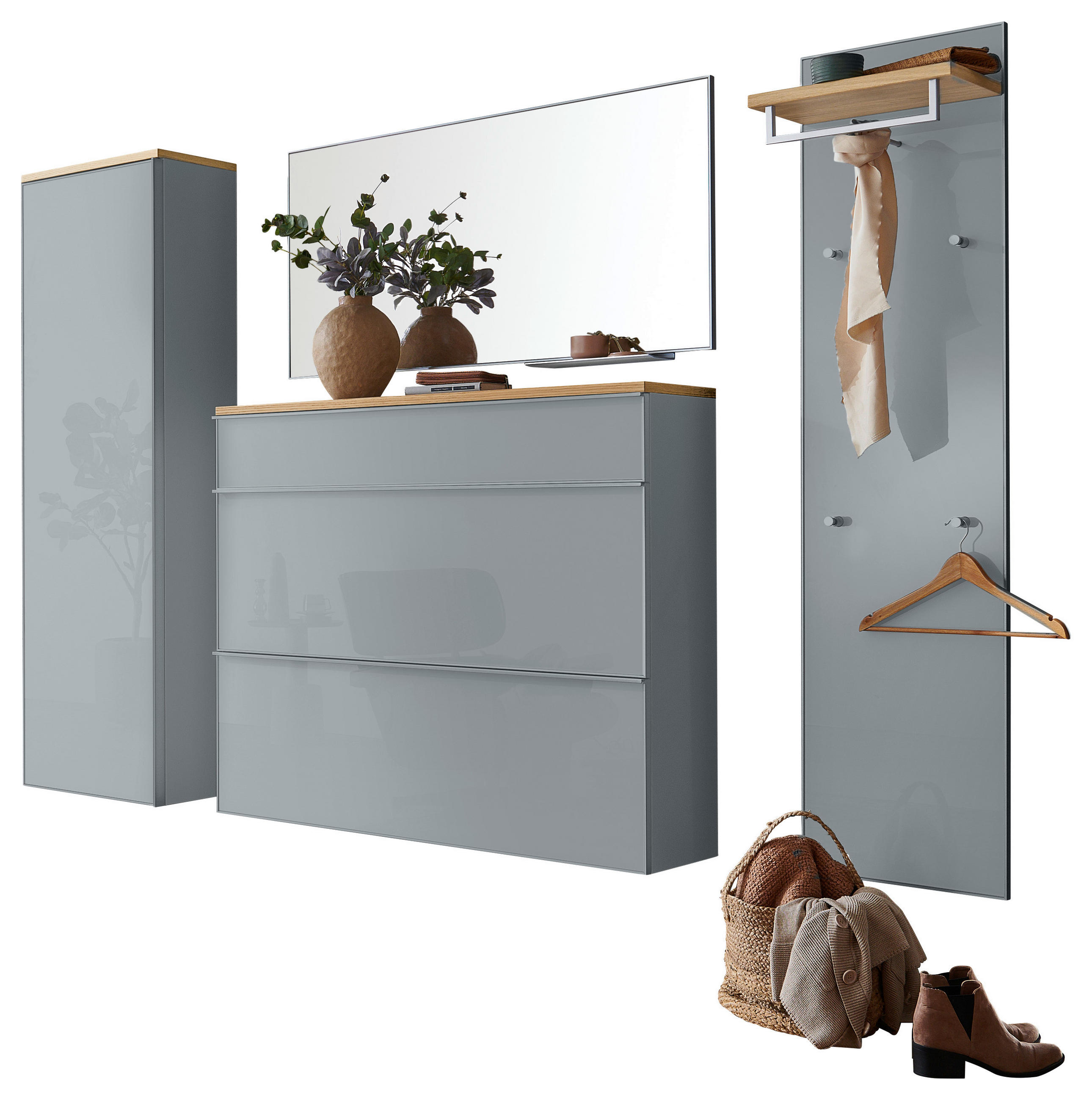 GARDEROBE 5-teilig  in 255/195/31 cm  - Grau, Design, Glas/Holz (255/195/31cm)
