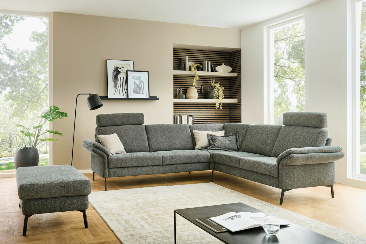 ECKSOFA 269/249 cm  in Chenille Olivgrün Rücken echt  269/249 cm  - Schwarz/Olivgrün, KONVENTIONELL, Textil/Metall (269/249cm) - Pure Home Comfort