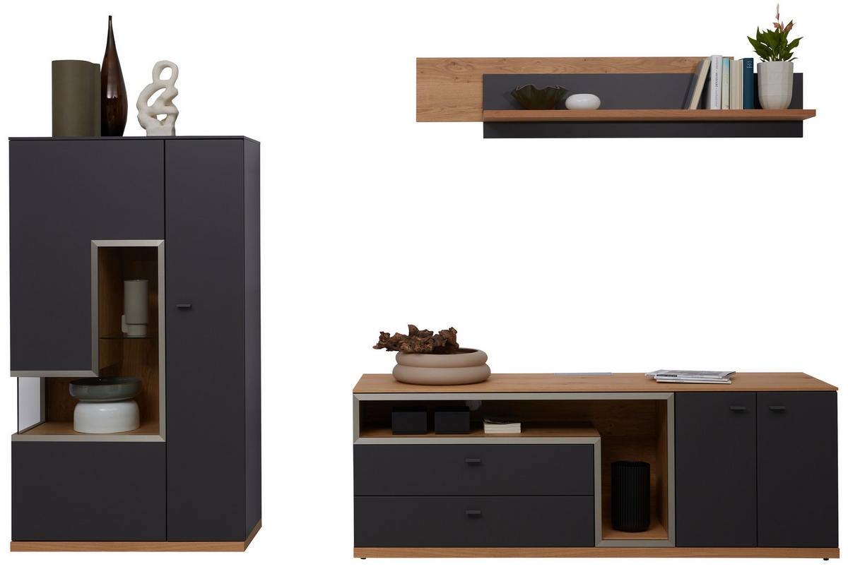 WOHNWAND 3-teilig  in Grau, Eichefarben  290/161/52 cm  - Schieferfarben/Eichefarben, Design, Glas/Holz (290/161/52cm) - Dieter Knoll