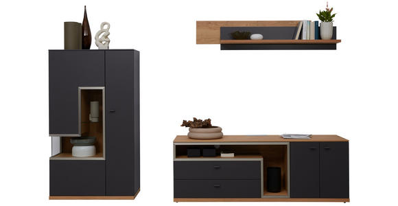 WOHNWAND 3-teilig  in Grau, Eichefarben  290/161/52 cm  - Schieferfarben/Eichefarben, Design, Glas/Holz (290/161/52cm) - Dieter Knoll